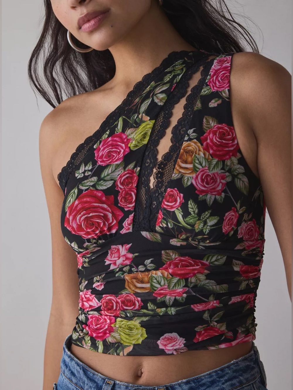 NWT AFRM Delaney One-Shoulder Edgy Lace Trim Top